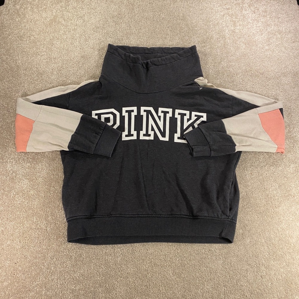 PINK Sweatshirt Womens Large Colorblock Funnel Neck Logo Pullover Relaxed Fit